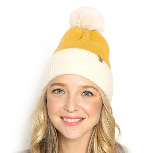 Women's Beanie Ribbed Winter Soft Fleece Lined Knit Hat with Faux Fur Pom Pom